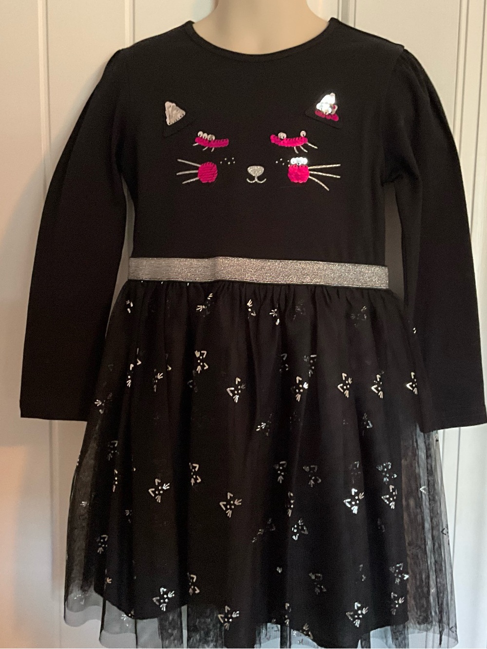 Primark Black Sequin Cat Tulle Dress with Pink Accents
